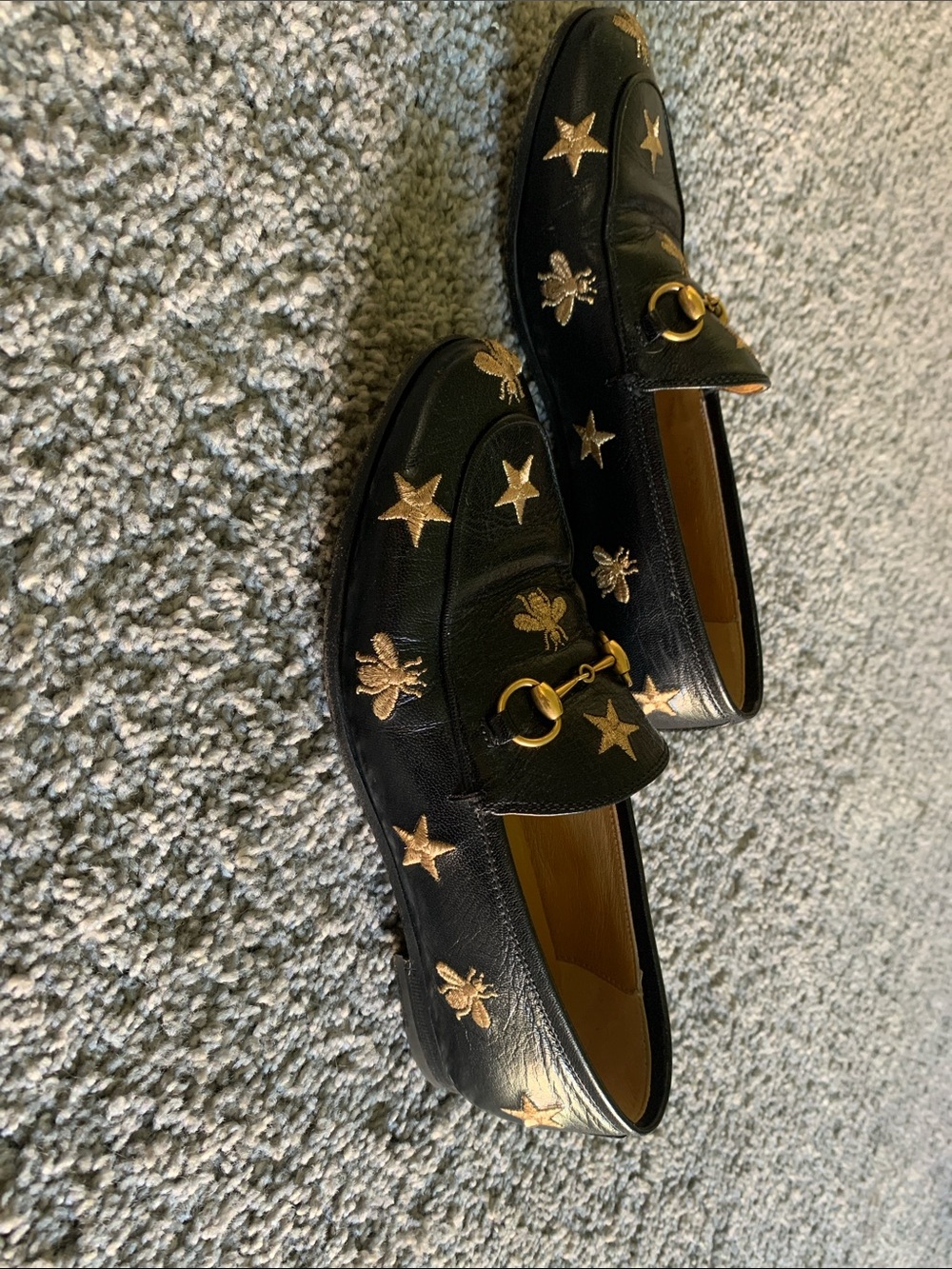 Gucci Black Leather Loafers with Gold Embroidered Stars & Bees - Picture 4 of 5